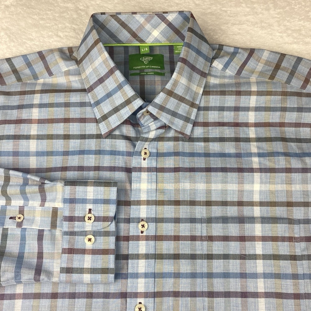 Forsyth of Canada Dress Shirt Mens Large Blue w/Multicolored Checks No Iron NWT!